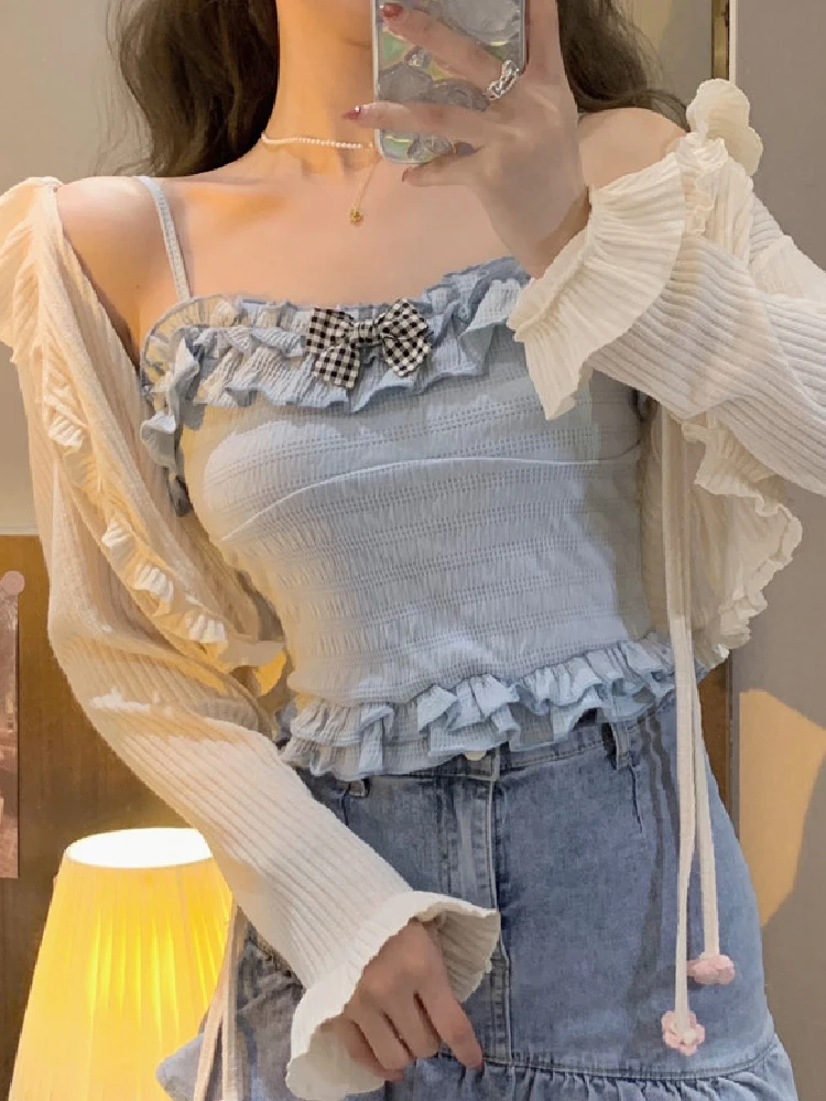 

Женский сексуальный короткий топ в японском стиле Лолита, летний студенческий топ на бретелях с бантом и оборками, милая Приталенная футболка Y2k