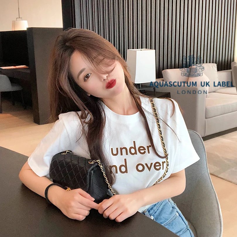 

Aquascutum T-shirt women's 2021 summer new Korean fat mm300kg large loose short sleeve letter versatile top tee fashion