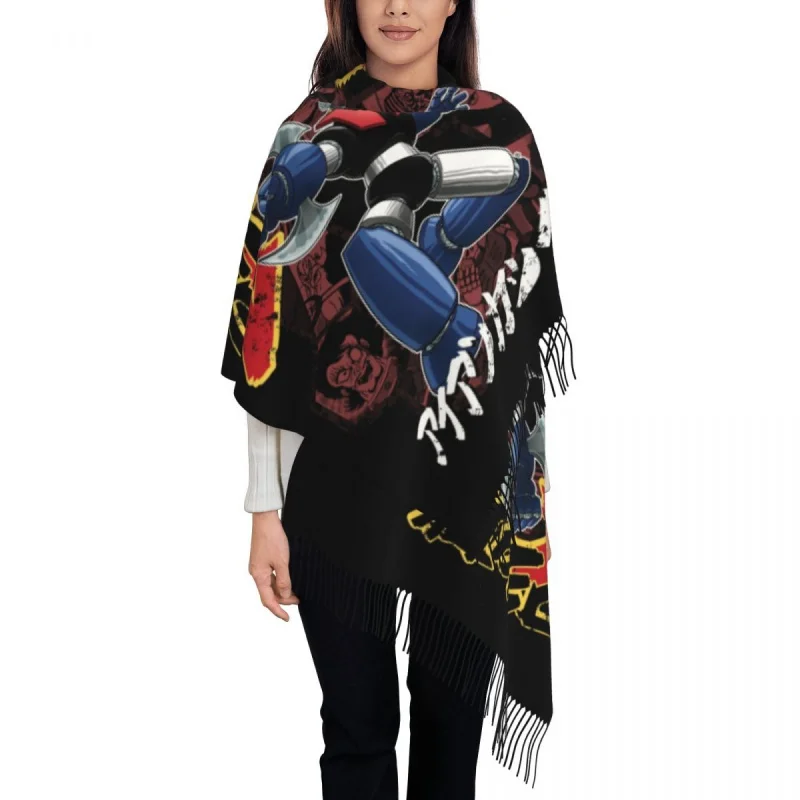 

Fashion Mazinger Z Mecha Robot Cartoon Tassel Scarf Women Winter Fall Warm Shawls Wraps Female Grendizer Goldrake Scarves