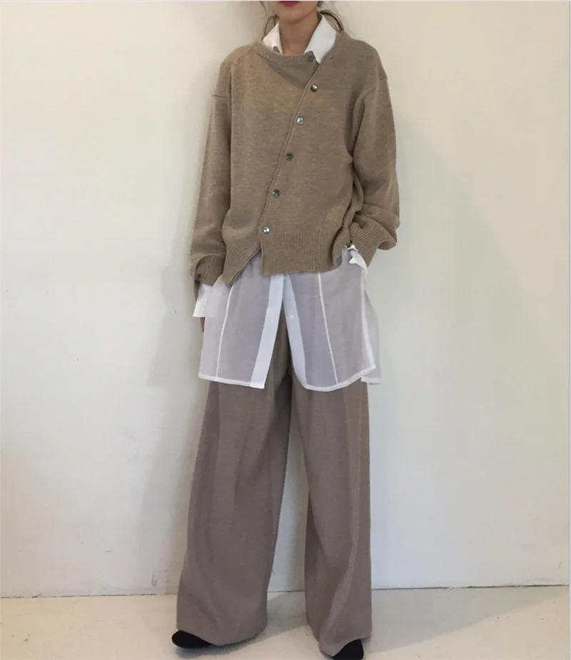 

Женский Асимметричный вязаный свитер, элегантный однобортный серый повседневный офисный свитер с косым рядом, весна 2022