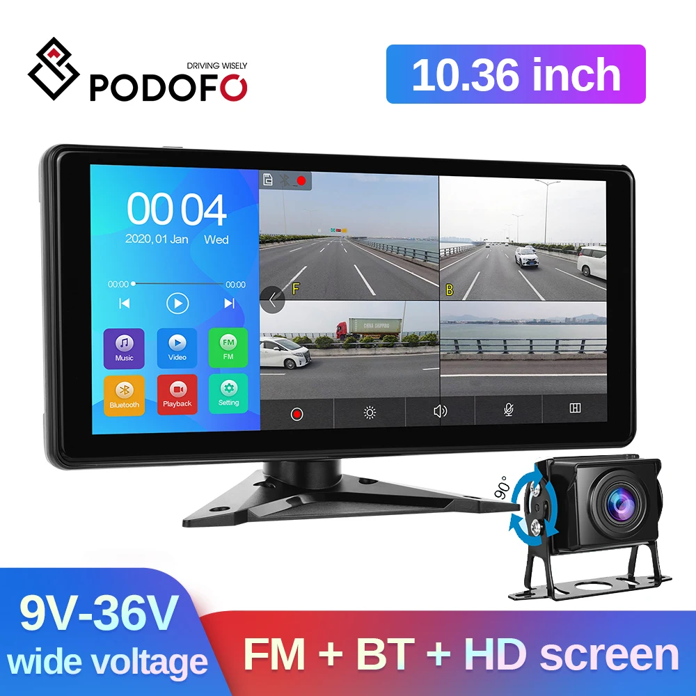 

Автомобильный видеорегистратор Podofo, сенсорный экран 10,36 дюйма, 4 канала
