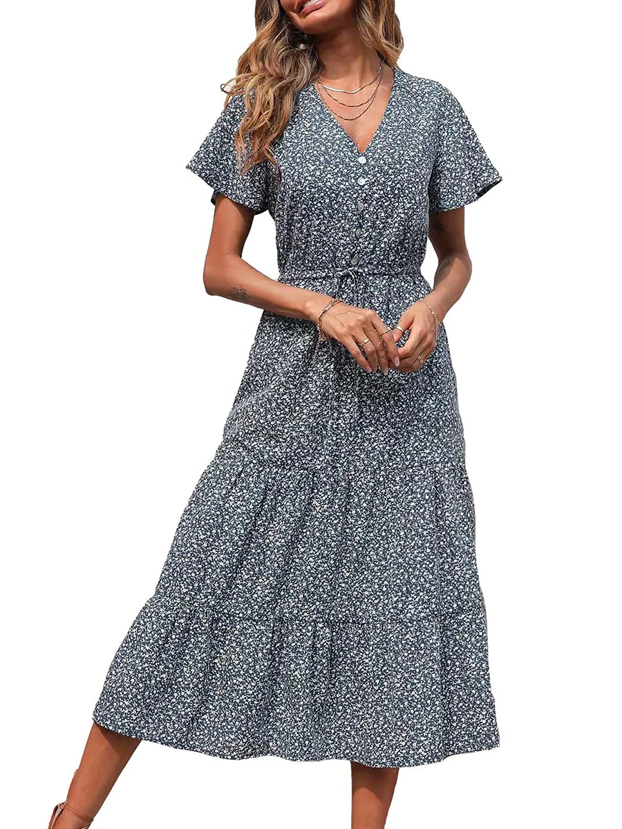 

Womens Summer Casual Boho Floral Short Sleeve V Neck Button Layer High Waist Flowy Boho Beach Sun Dresses