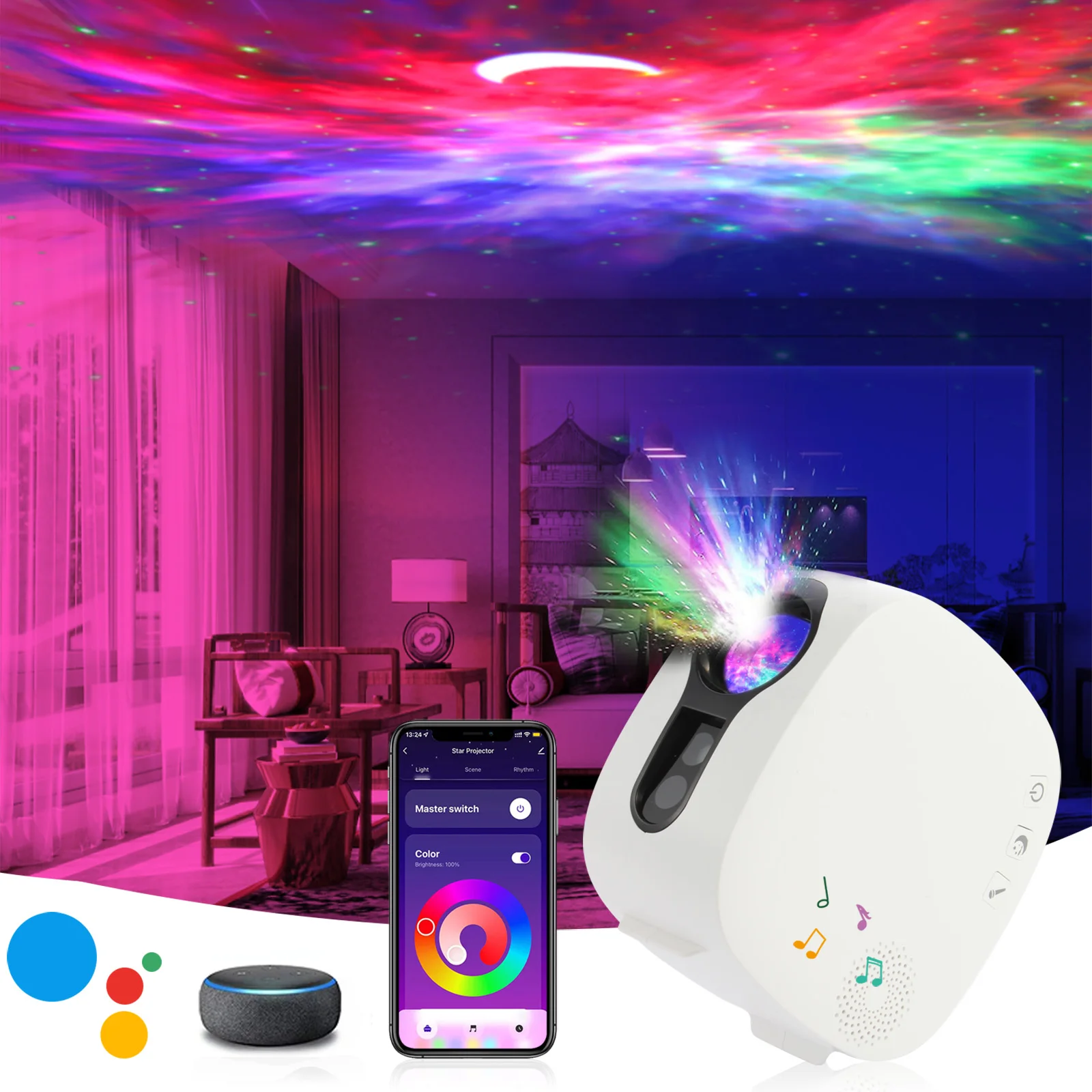 

Wifi Smart Star Projector Space Galaxy Projector Starry Sky Moon Night Light Bluetooth Music Player App Control Alexa Google
