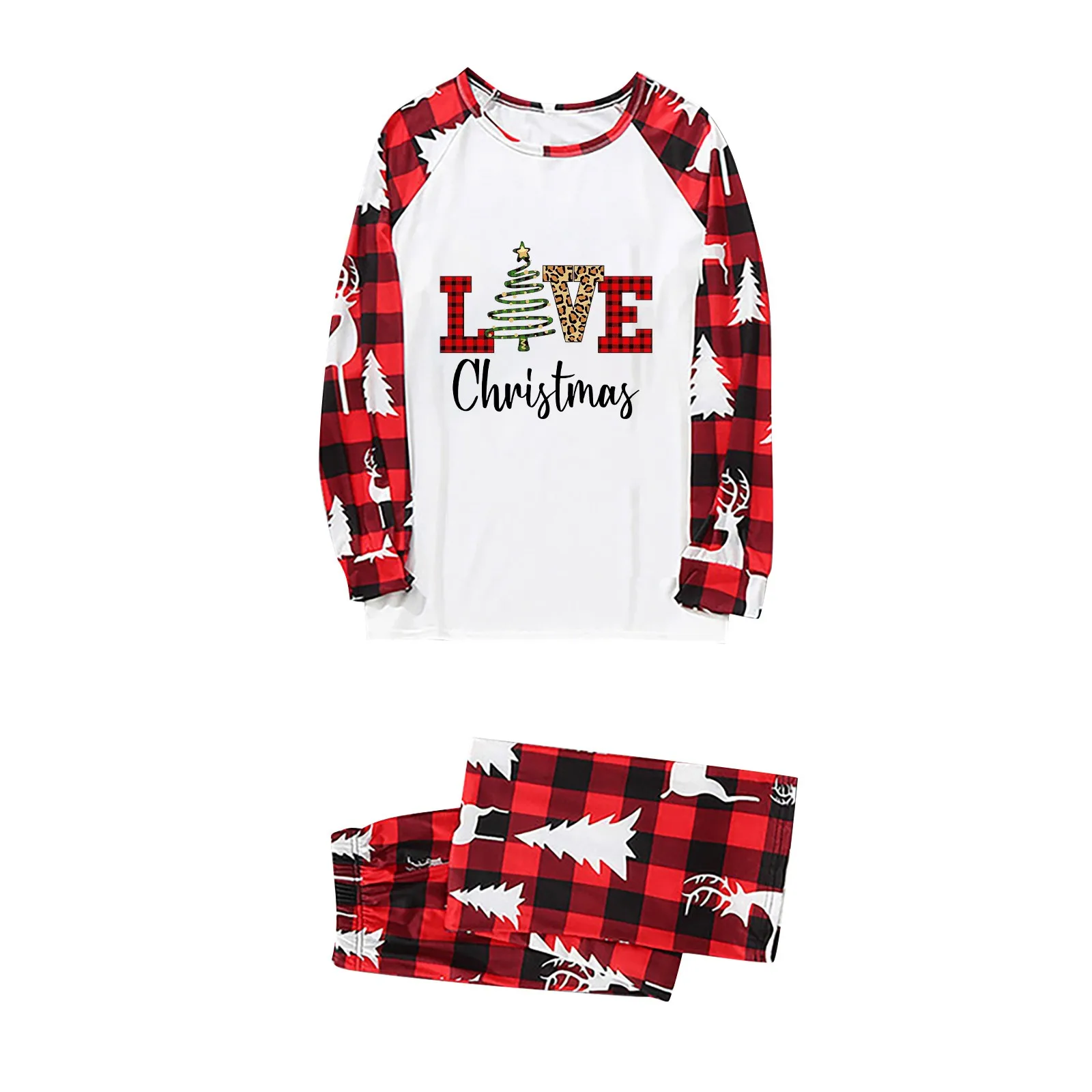 

Family Christmas Pajamas Set LOVE Print Plaid Raglan Sleeve Top And Printed Pants Homewear For Christmas Family Vacation Pajamas
