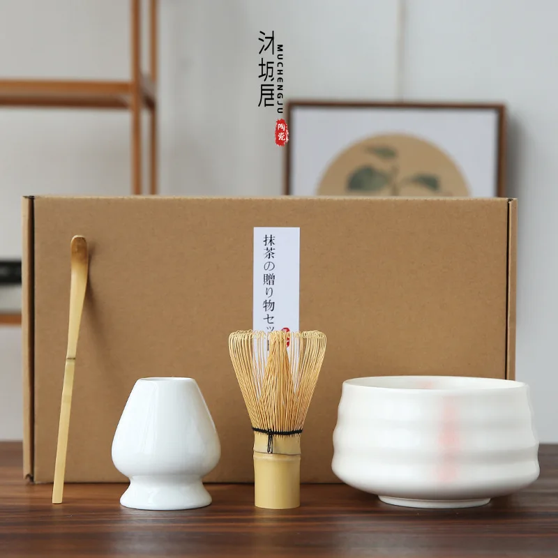 Juego de 4 unids/set de batidor de bambú tradicional, cuchara de cerámica, cuenco de matcha, soporte para batidor, juegos de té japoneses