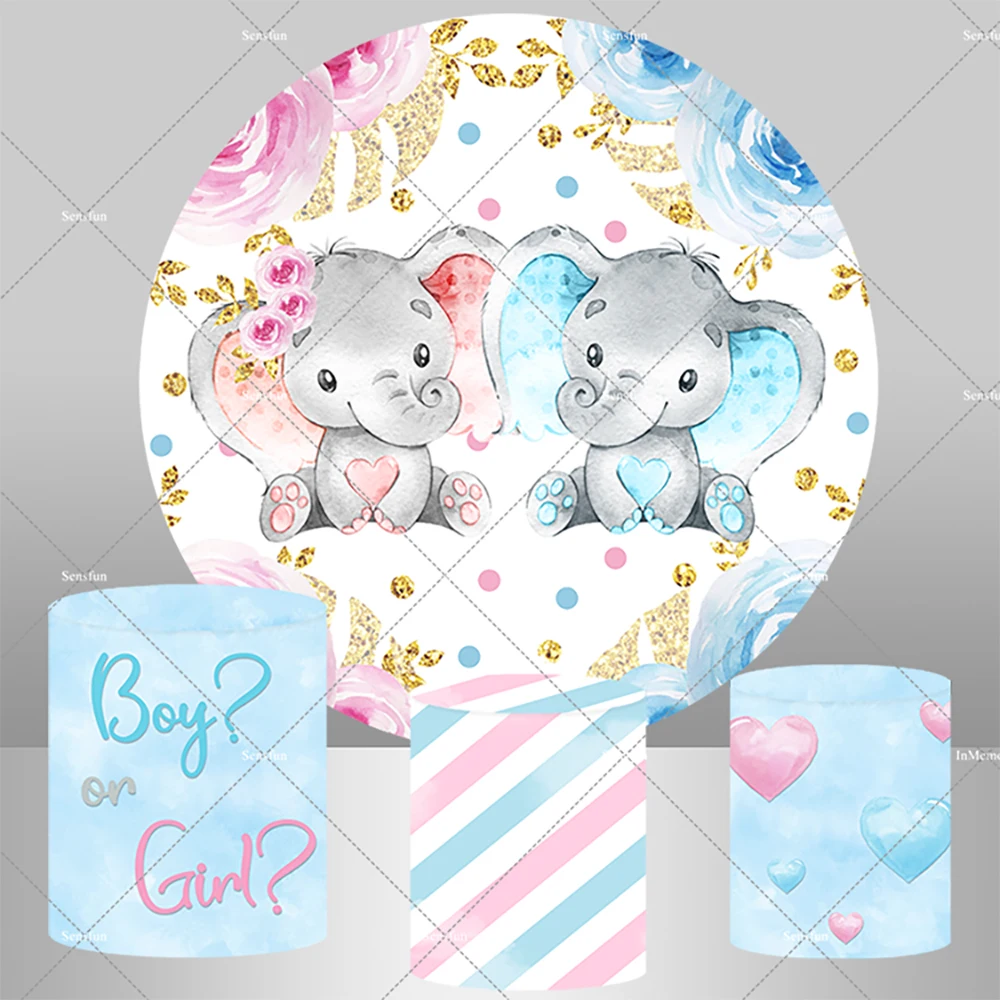 

Elephant Boy or Girl Round Backdrop Cover for Kids Baby Shower Photocall Blue Pink Stripes Cake Table Background Plinth Covers