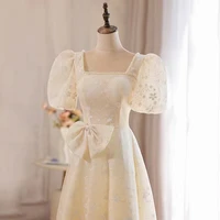 romantic french champagne bridesmaid dresses embroidery puff sleeve square collar tulle a line luxury fluffy ball gown for women