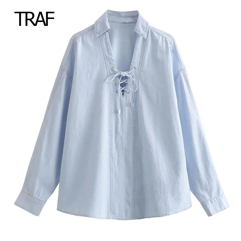 

TRAF Blue Blended Blouse Woman Blouses Autumn 2023 Long Sleeve Lapel Collar Tied Belt Blouse Fine Fashion And Elegant Blouses
