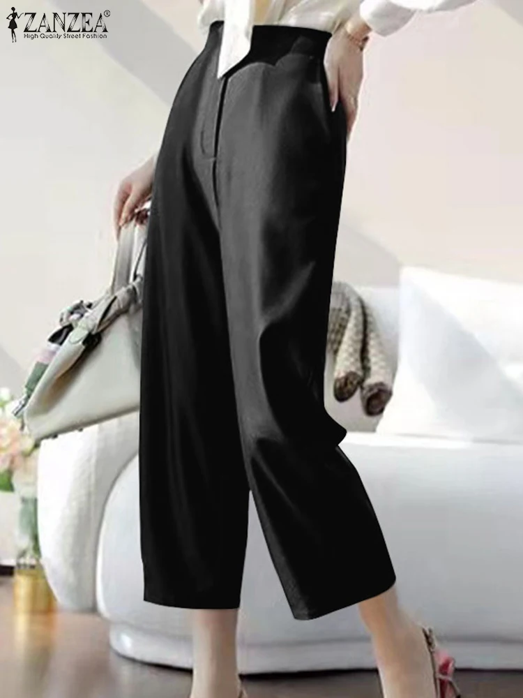 

ZANZEA Fashion Office Lady Pantalon Women High Waist Pants Elegant Autumn Satin Silk Capris Casual Loose Work Wear Cropped Pants