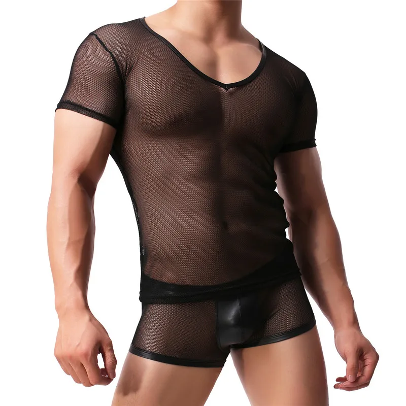 

Sexy Mens Undershirts Fitness T-shirts Male Breathable Boxer Shorts Gay Underwear Set Sleepwear See Through Mesh Shirt Sheer Tee