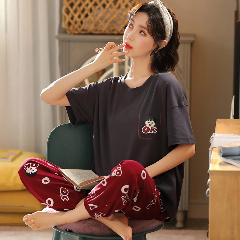 

Women's Pajamas6535Cotton Short-Sleeved Trousers Pullover Cartoon Sweet Korean Style Summer Loungewear Suit Can Be Worn outside
