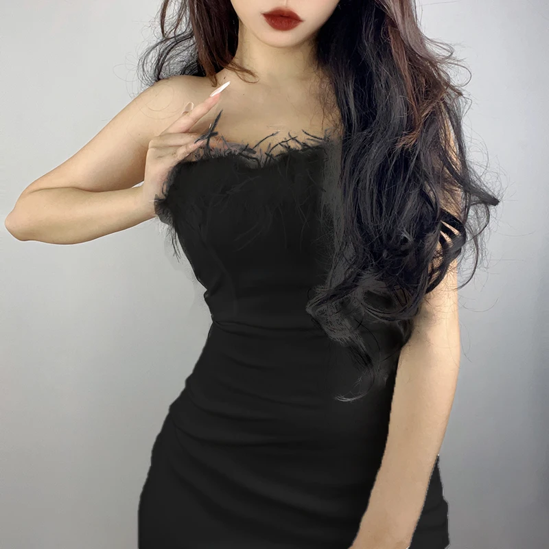 

Women's sexy strapless bodice tight tube skirt Strapless solid color feather decoration cocktail hot girls hip wrap long skirt