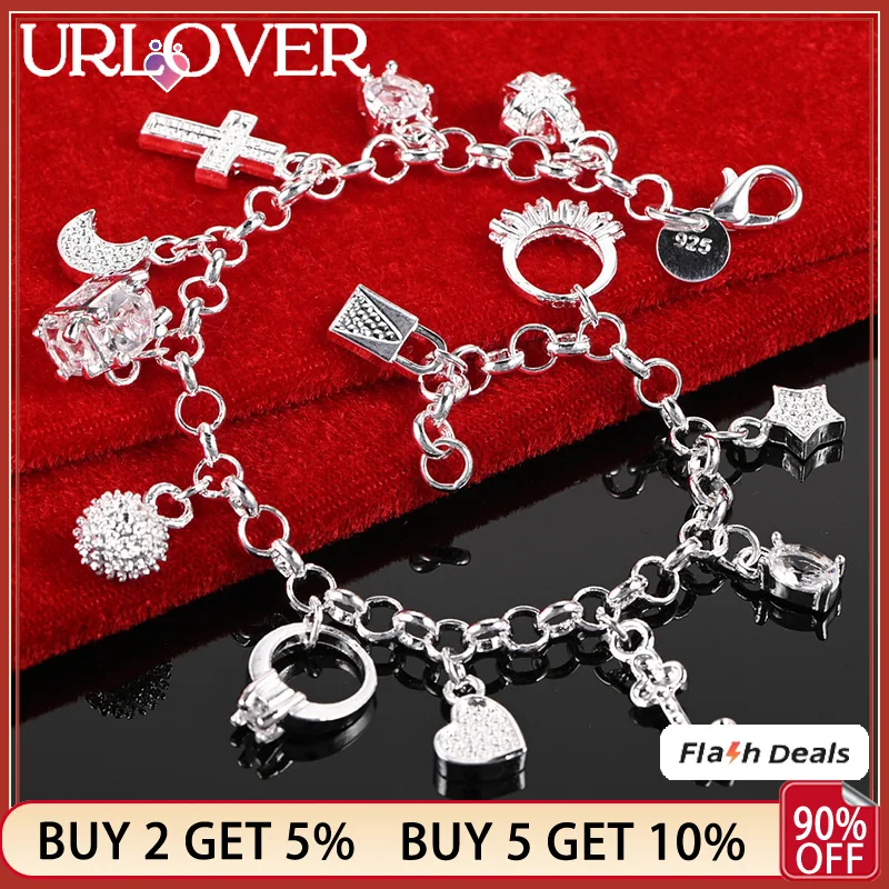 

URLOVER 925 Stamp Silver Color Cross Heart Lock Star Key Pendant Chain Bracelet For Woman Party Birthday Wedding Fashion Jewelry