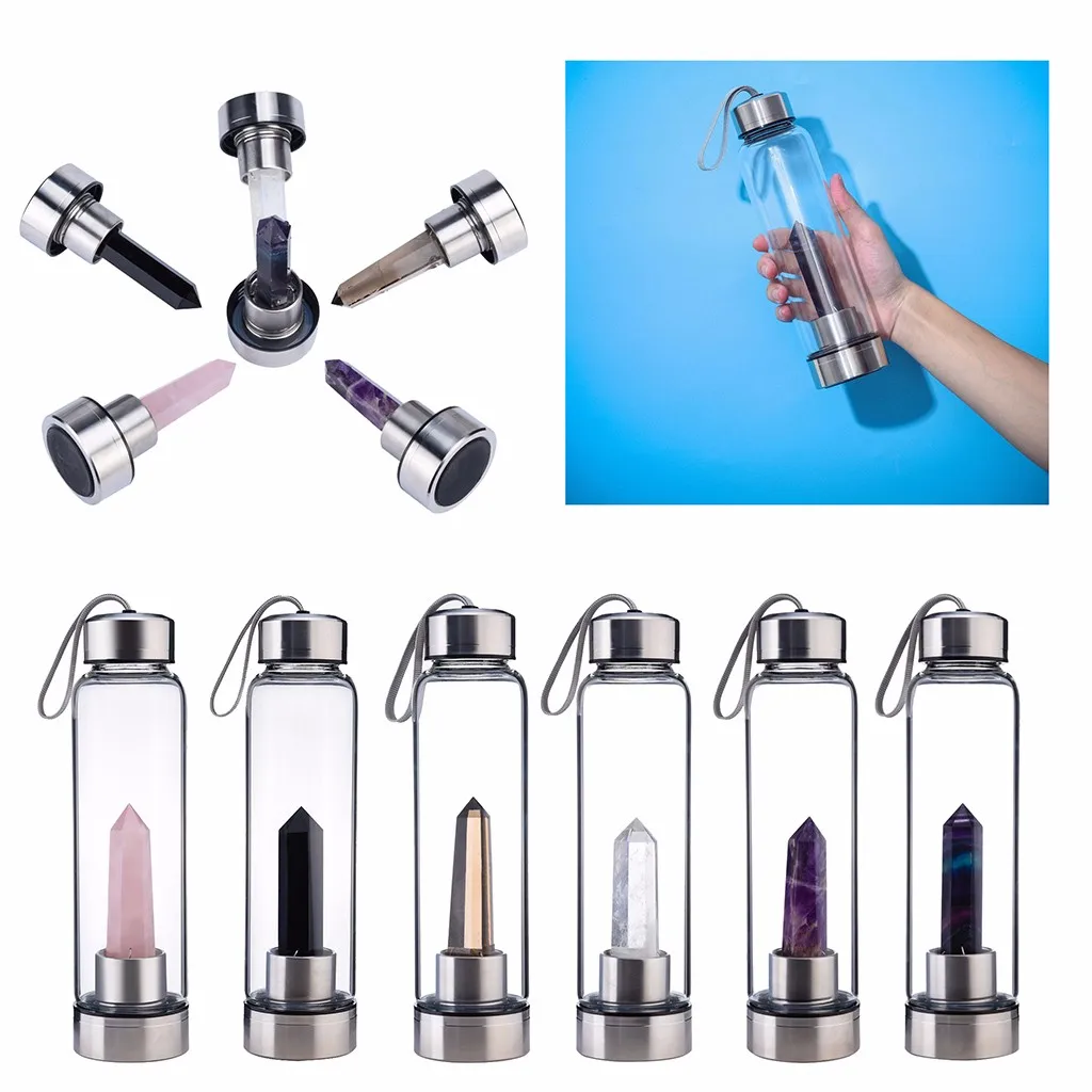 

500ML Natural Crystal Quartz Crystal Gemstone Water Bottle Wand Point Healing Crystal Glass Healing Bottle Glass Gift