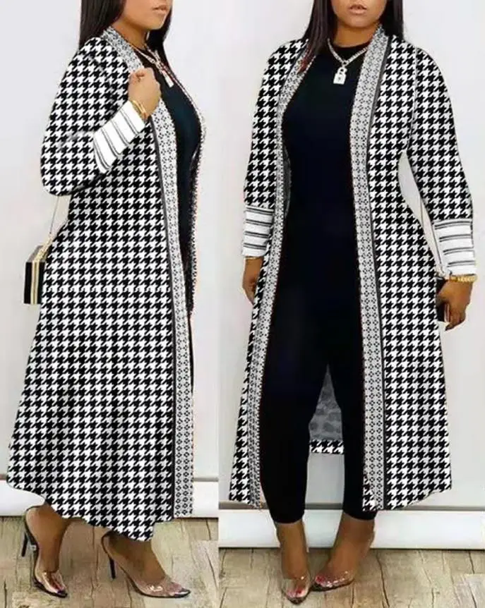 

Winter Coat for Women Houndstooth Print Open Front Longline Coat Long Cardigan Jacket for Warmth Commuter Street Style