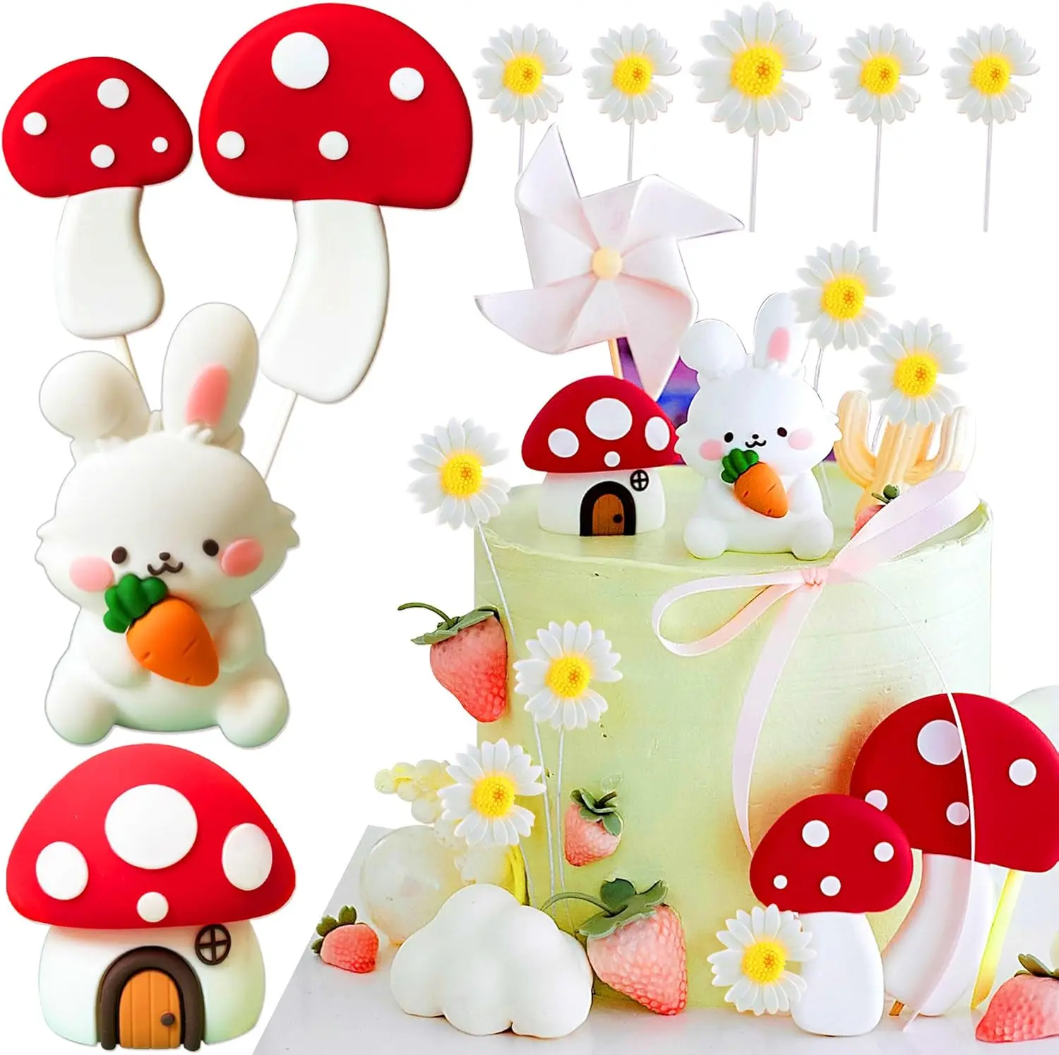 Топпер для торта с кроликом лесной гриб сказочный дом грибная ромашка украшение