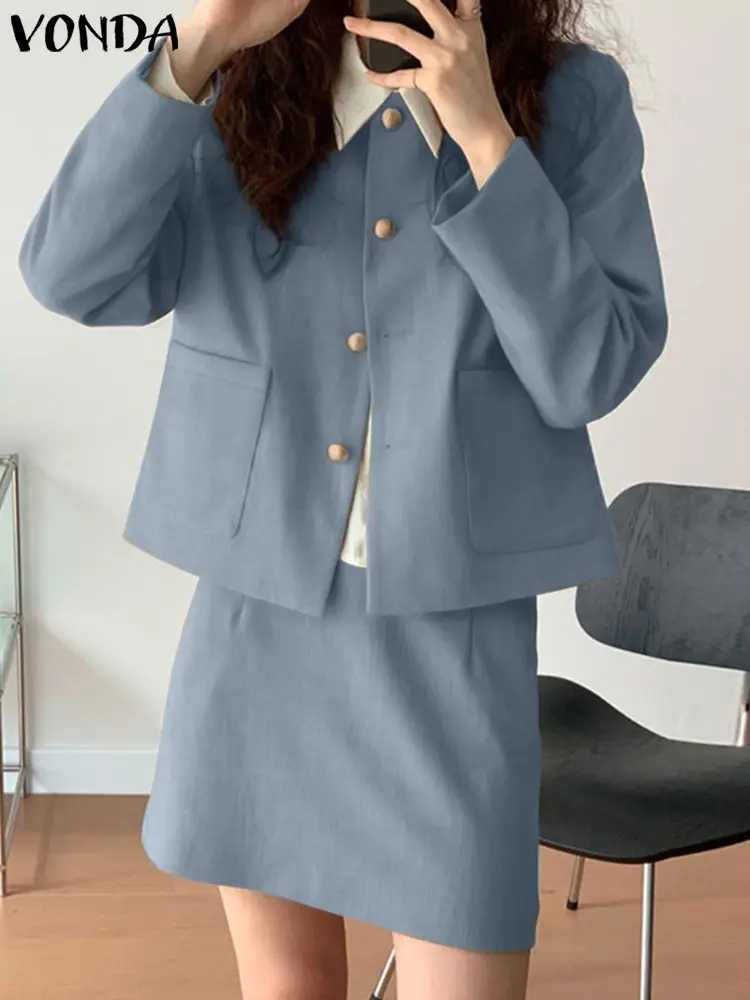 

VONDA Summer Dress Sets 2023 Fashion Women Long Sleeve Casual Tops and Skirts Suit Office Short Mini Sets Fashion Outfits