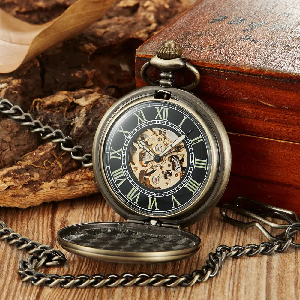Vintage Retro Smooth Hollow Mechanical Pocket Watch Male Clock Roman Skeleton Steampunk Pocket Watch Men Women Hanging Fob Chain