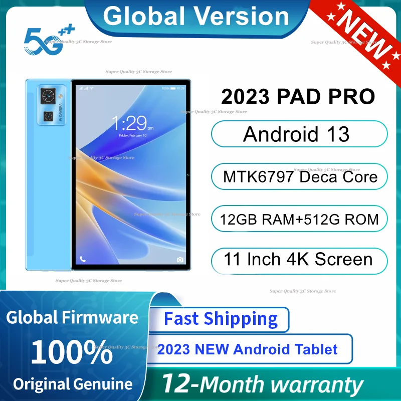 

2023 Global Version New 11 inch Tablet Android 13.0 12GB RAM 512GB ROM 13MP+15MP 10 Core 8000mAh 4G/ 5G Network Wifi Tablet