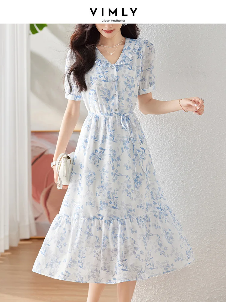 

Vimly Blue Printed Floral Midi Ruffle Dress for Women 2023 Summer Fashion Collared Short Puff Sleeve Tied Belt Waisted Dresses