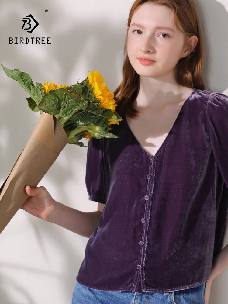 BirdTree элегантная бархатная рубашка из натурального шелка женская с пышными