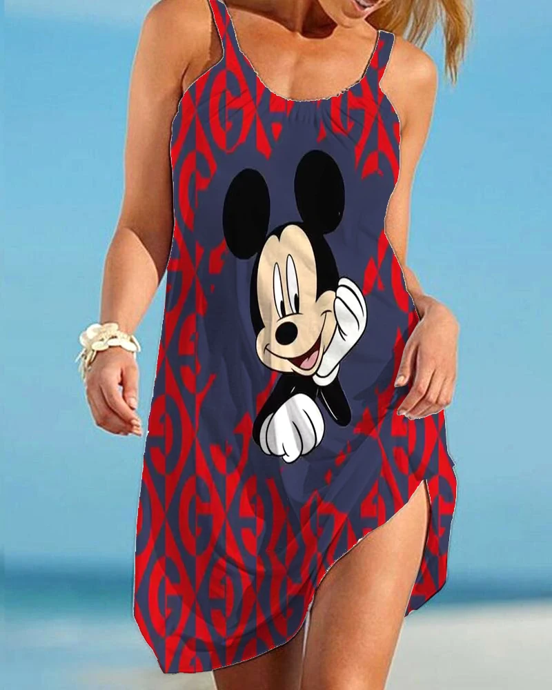 

Disney Mickey Classic Print Crew Neck Sling Dress Comfortable Large Swing Seaside Backless Knee Skirt Women's Plus Size Hot Sale