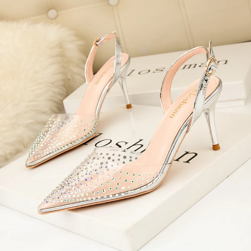 

Fashion Rhinestone PVC Transparent Shoes Stilettos High Heels Sandals Women Pointed Toe Party Silver Party Wedding Shoes