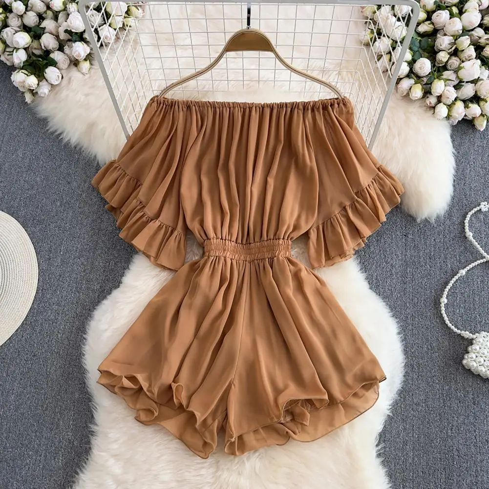 

Women Summer Rompers Off Shoulder Horn Sleeve Ruffles High Tight Waist Backless Pleated Wide Leg Soft Party Prom Short Rompers