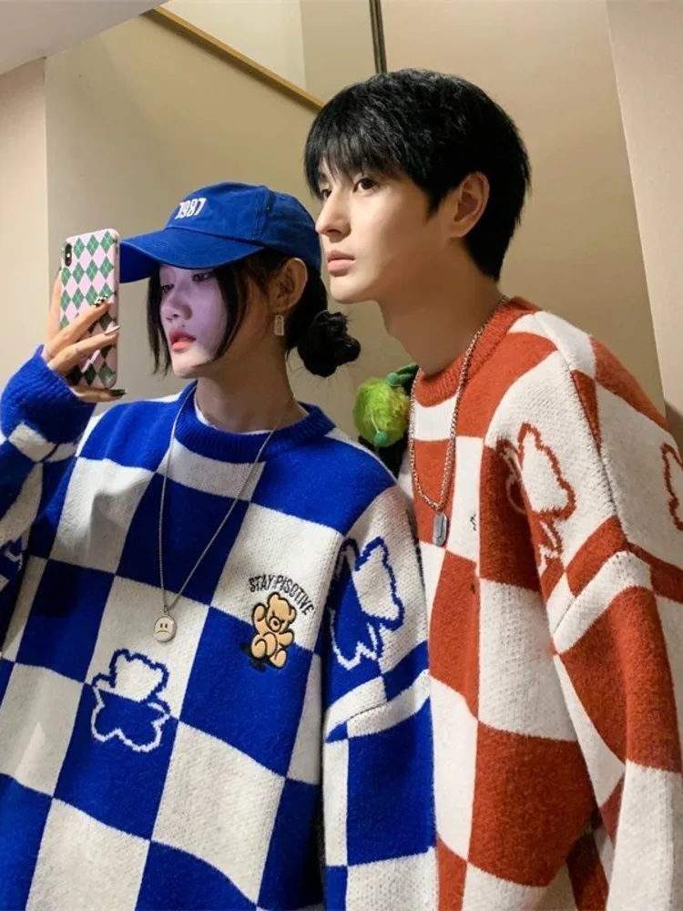 

Свитер мужской, в стиле ретро, шахматный, в стиле хип-хоп, с круглым вырезом