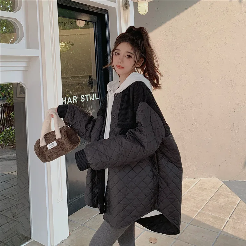 Knitted Stitching Rhombus Long-Sleeved Cotton Jacket Women's Autumn and Winter Retro Irregular Loose Cotton Jacket