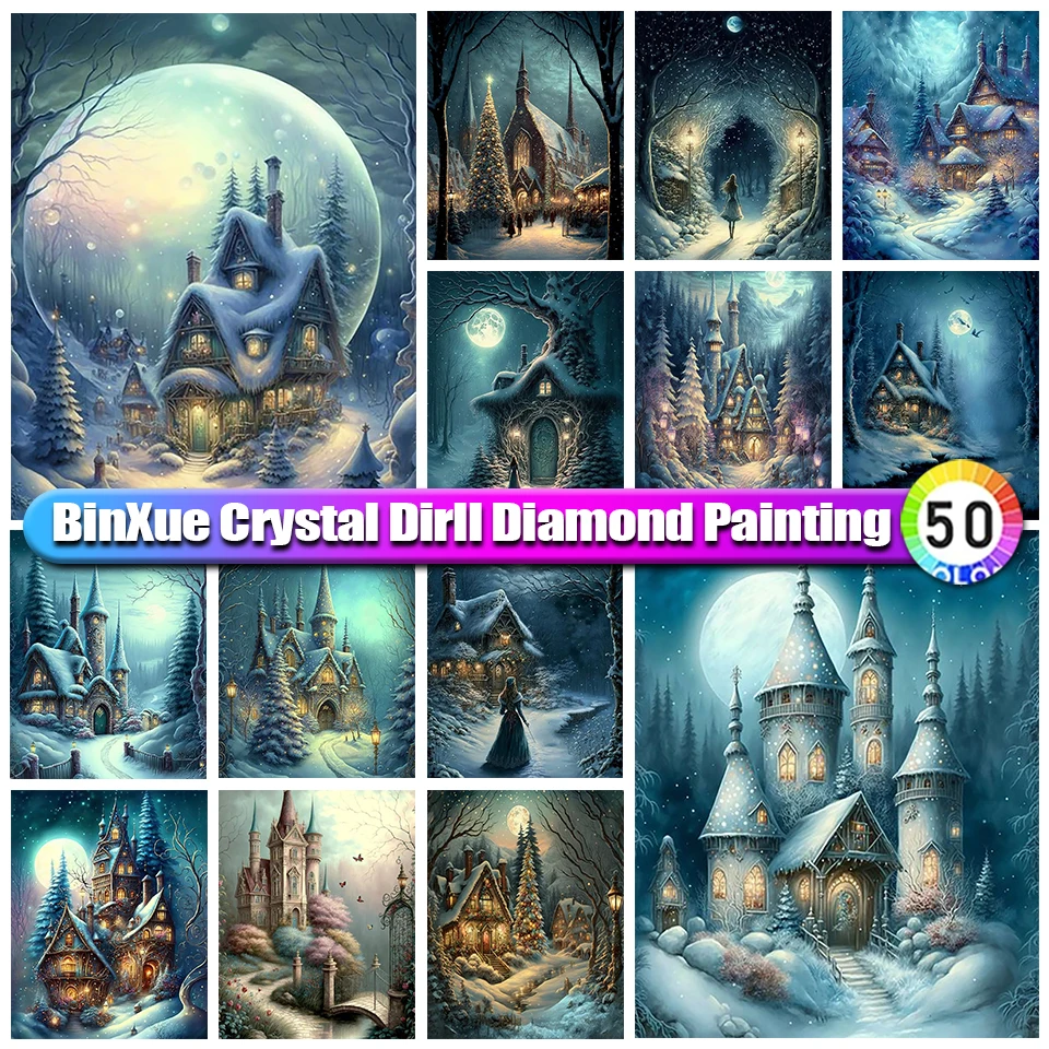 

BinXue пейзаж Снежный замок Полный Круглый Кристалл алмазная живопись хижина Луна Дерево вышивка крестиком Сделай Сам мозаика домашний Декор ...