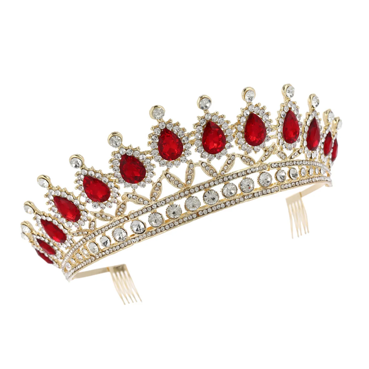 Crown Girls Red Diamond Tiara Comb Women Rhinestone Wedding Tiara Bride Gold Baroque Queen