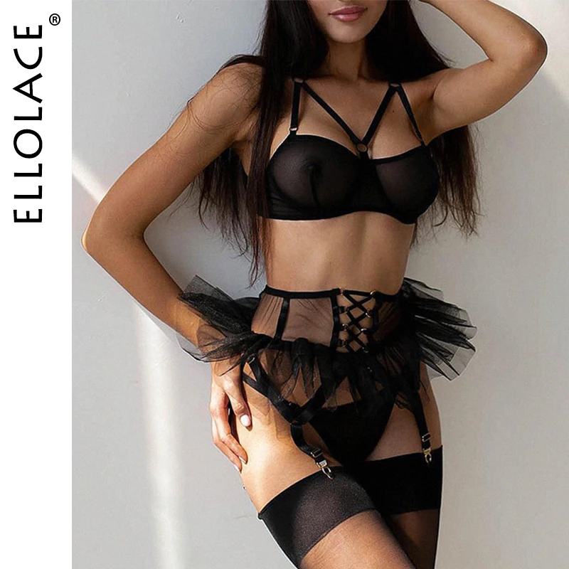

Ellolace женское белье с рюшами, бесшовный бюстгальтер, подвязка, необычное нижнее белье, которое можно увидеть, роскошный просвечивающий интим...