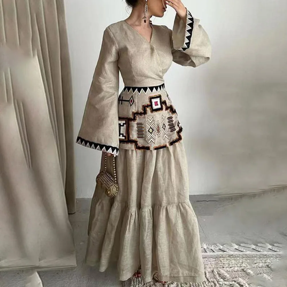 

Новинка Женская одежда в европейском и американском стиле ретро платье из хлопка и льна в этническом стиле платье с длинными рукавами и принтом