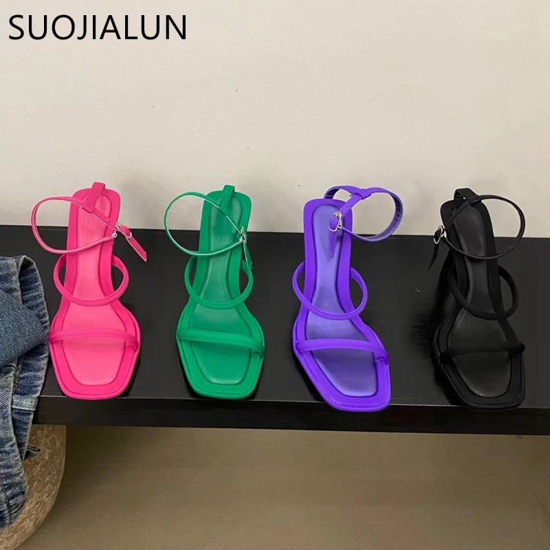 

SUOJIALUN 2023 Summer New Band Women Sandal Fashion Narrow Band Ankle Strap Gladiator Shoes Thin High Heel Dress Pumps Shoes