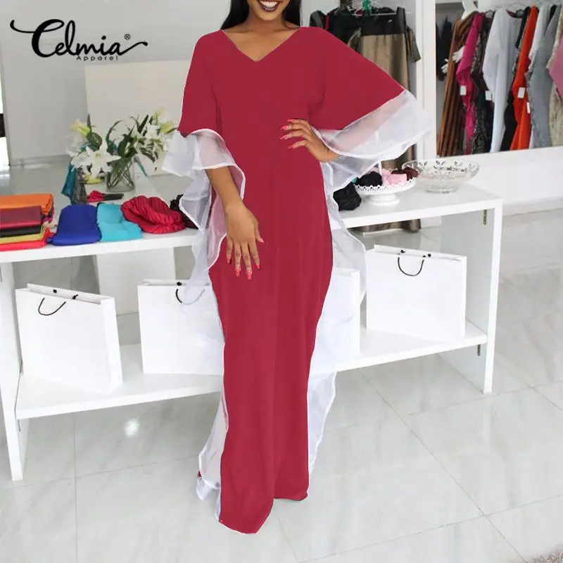 Celmia Elegant Spring Autumn Maxi Vestidos Loose Mesh Ruffles Stitched Women 2022 Fashion Long Dress Lady 3/4 Sleeve Casual Robe