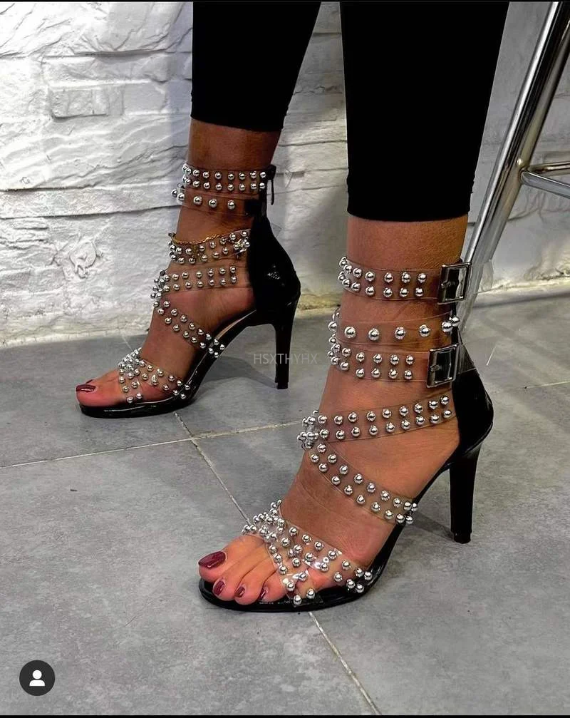 

2022 New Shoes Women's High-heeled Sandals Women's Sandals with Transparent Rivet Sexy Black Sandals Women Shoes High Heel
