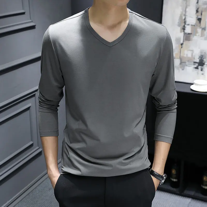 

Весенняя Студенческая футболка с V-образным вырезом, Осенний трендовый Топ и версия, Универсальный Молодежный корейский цвет с длинными рукавами, мужская мода, повседневная