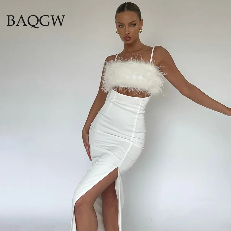

Feather Patchwork Sexy Cut Out Backless Maxi Dress Elegant Spaghetti Strap Party Dresses Sexy High Split Women Summer Long Dress
