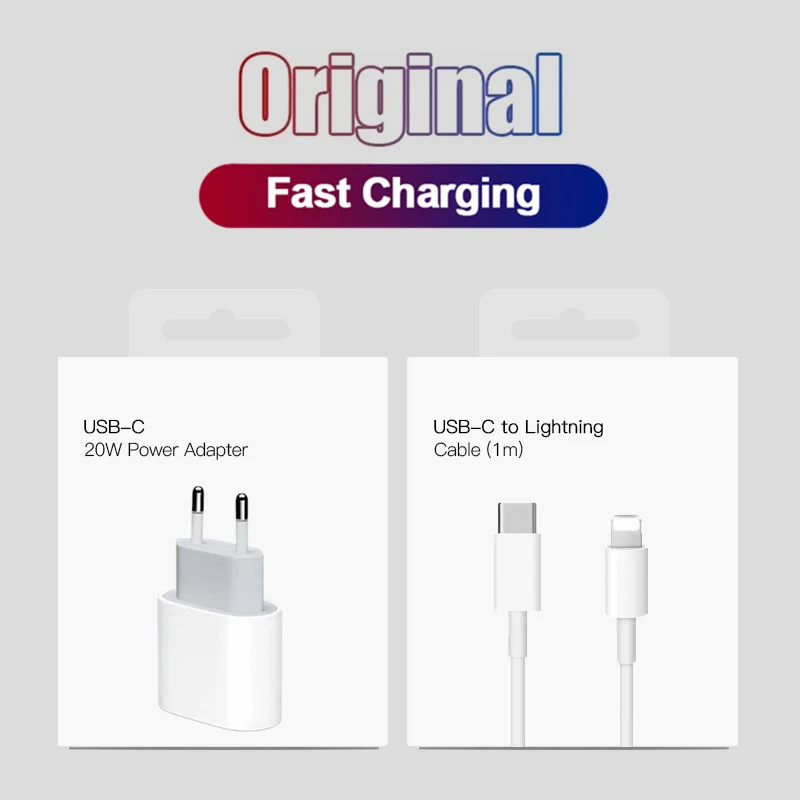 

20W PD Fast Charger for iPhone 13 12 11 Pro XS Max XR X 8 14 Plus SE EU Plug USB-C to Lighting Cable for Apple Phone Cable 1m 2m