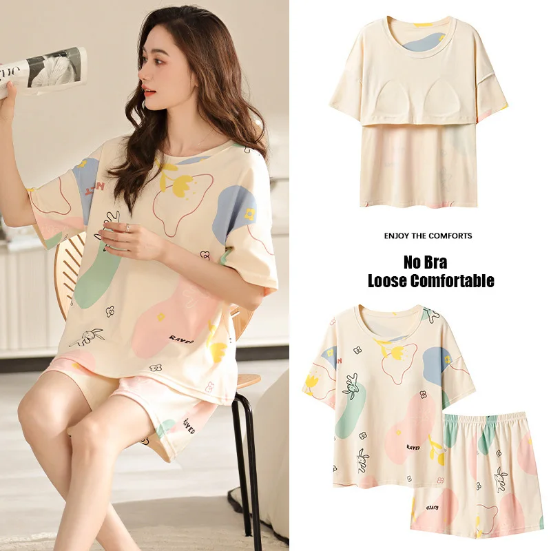 

Women Pajamas With Chest Pad Summer Nightwear Two-piece Sets Short Sleeve Shorts Large Size Home Wear Cute Rabbit Mujer Pyjamas