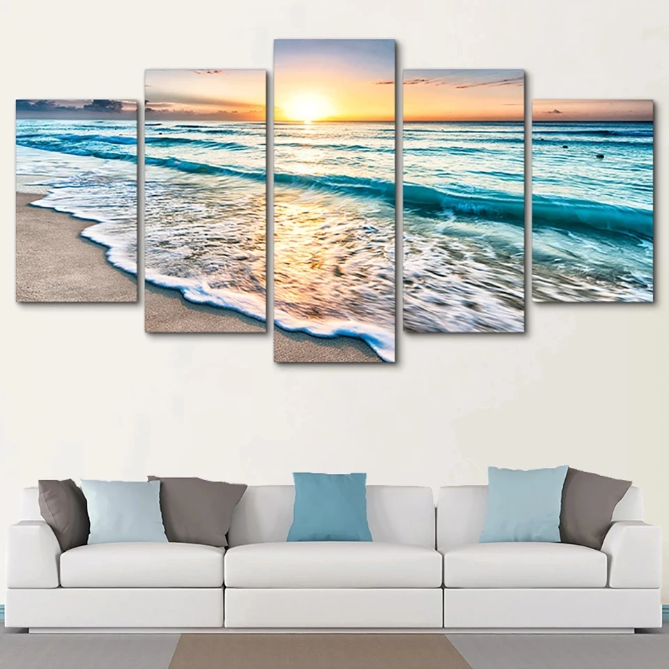 

Tableau Wall Art HD Print Paintings Modular Posters Pictures Canvas 5 Panel Waves On Beach At Sunset Seascape Home Decor Modern