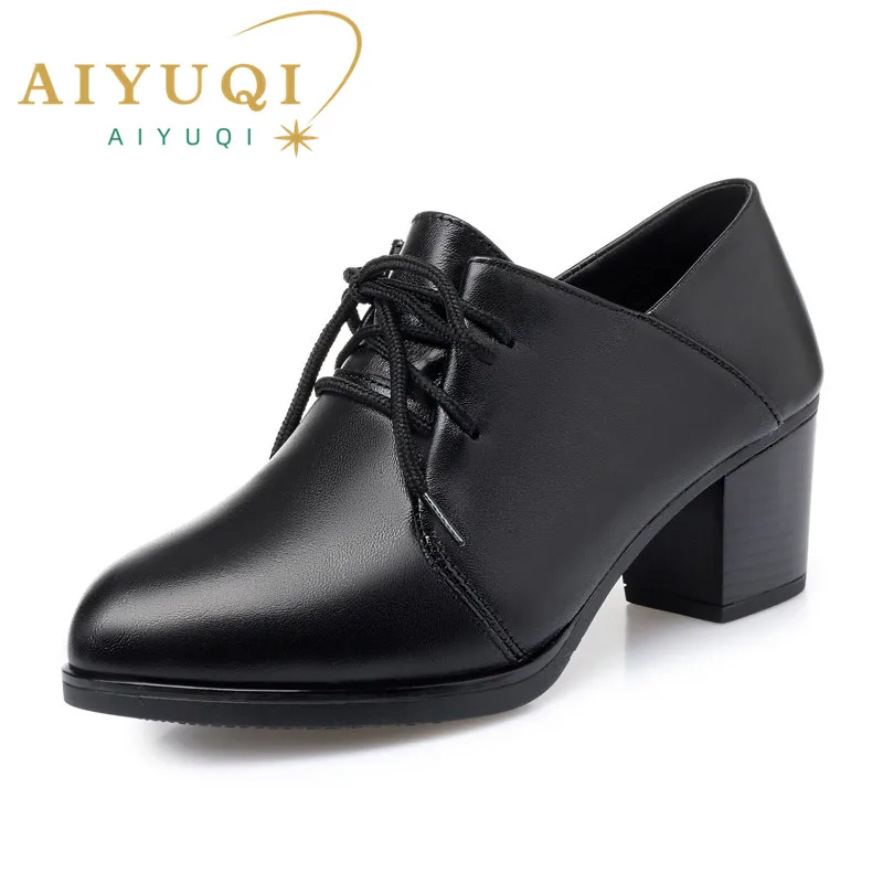 AIYUQI Women Office Shoes Genuine Leather Autumn Ladies High Heel Shoes Lace Up Ladies Shoes With Heels Fashion