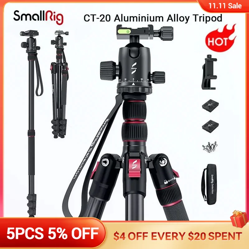 

SmallRig CT-20 Aluminium Alloy Tripod Foldable Monopod 360°Ball Head Detachable Quick Release Plate for DSLR Camera Phone 3474C