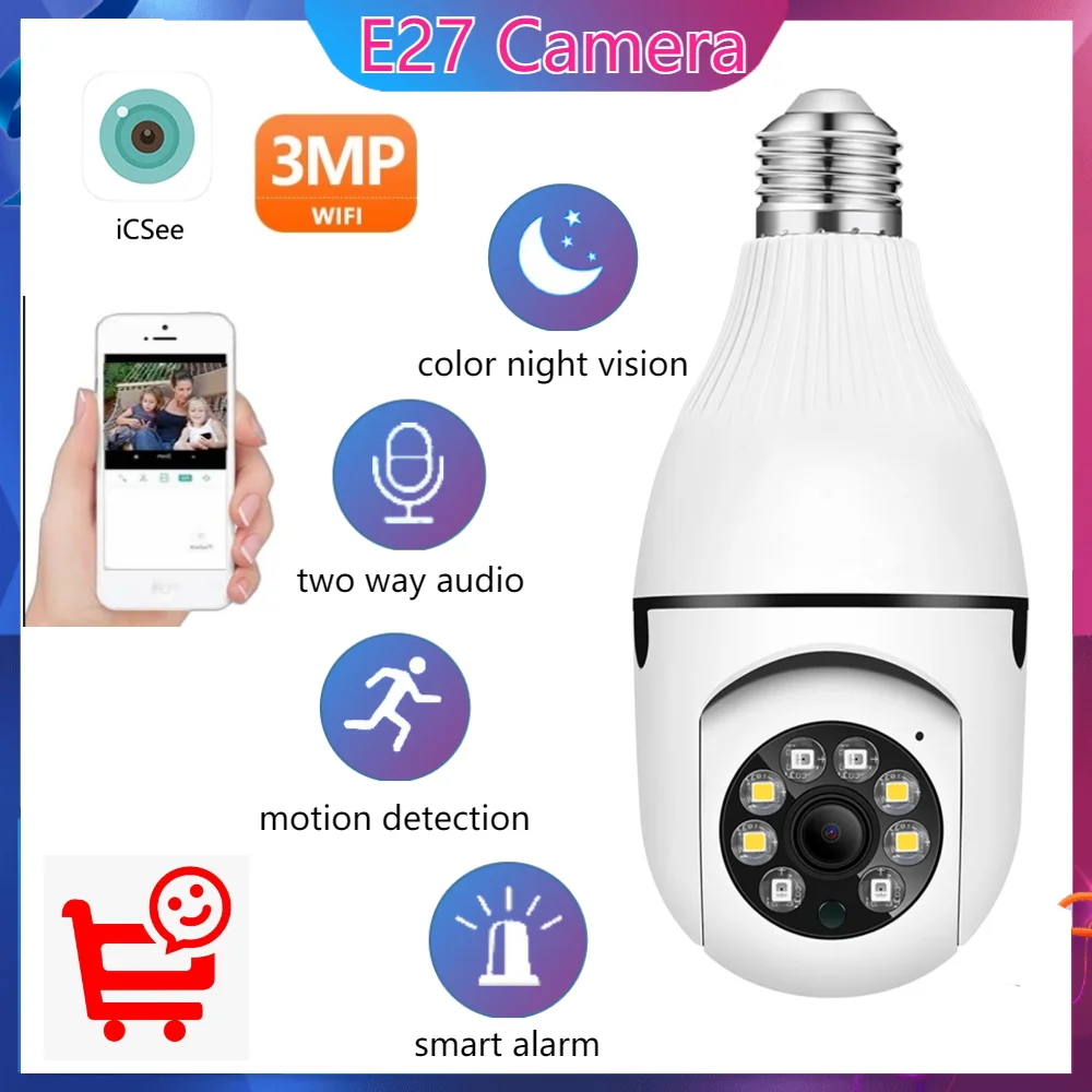 

3MP E27 Bulb Wifi IP Camera Wireless Night Vision Two Way Audio Baby Monitor Auto Tracking Home Security CCTV Camera ICsee App