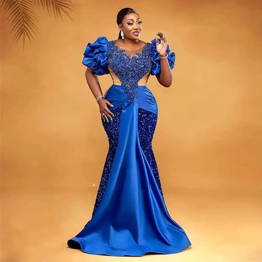 

Aso Ebi African Royal Blue Prom Dresses Velvet Sequins Beaded Ruffle Mermaid Evening Gown Long Luxury 2024 Formal Robe De Soiree