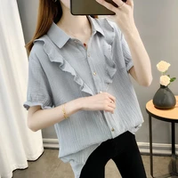 ruffled solid color all match short sleeved shir new korean thin womens casual polo collar top l 5xl