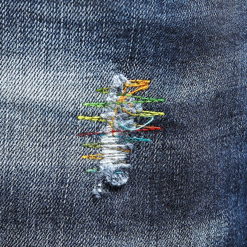 Streetwear Fashion Men Jeans Retro Black Blue Elastic Slim Fit Ripped Jeans Men Spliced Embroidery Designer Hip Hop Pants Hombre