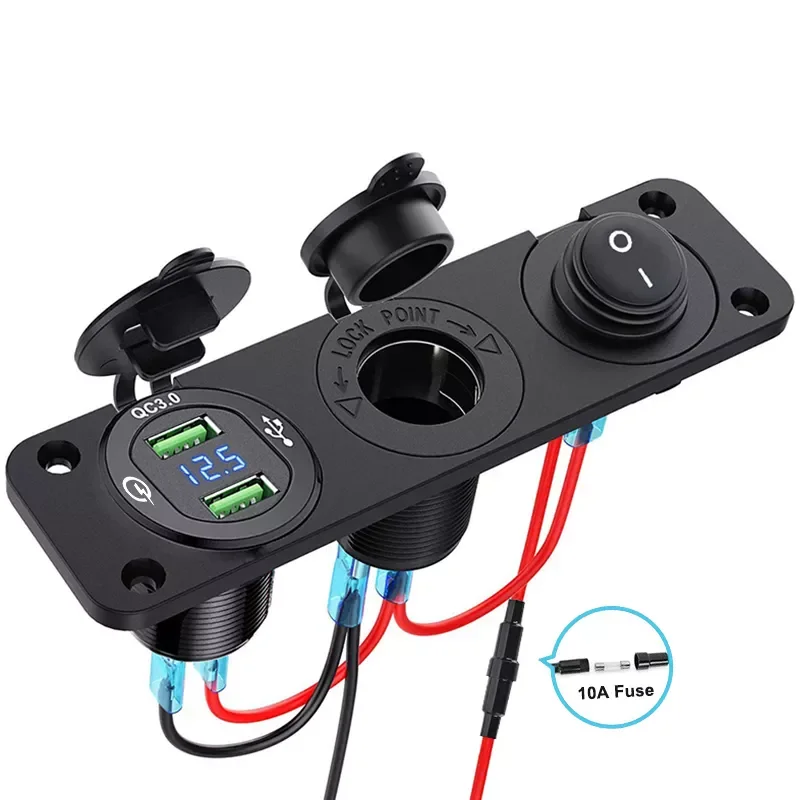 

Cigarette Lighter Socket 3 in 1 Waterproof Car Dual QC3.0 USB Outlet Panel for RV Marine Boat Power Socket Charger Socket