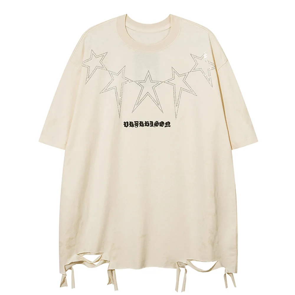 

Aolamegs Men Oversized Y2K T-shirt Pentagram Print Tassel Tshirts Summer Cotton Broken Hole High Street Tees Harajuku Streetwear